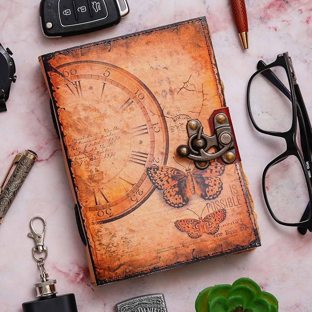 World Time & Butterfly Antique Leather Journal – A Timeless Masterpiece