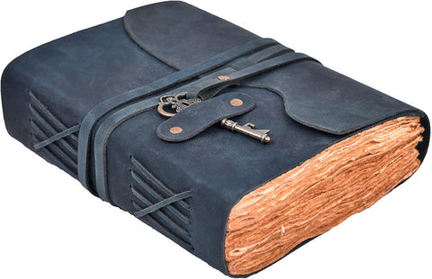 Royal Blue Journal with Key Made with Buffalo Leather And Handmade Deckle Edge Vintage Paper