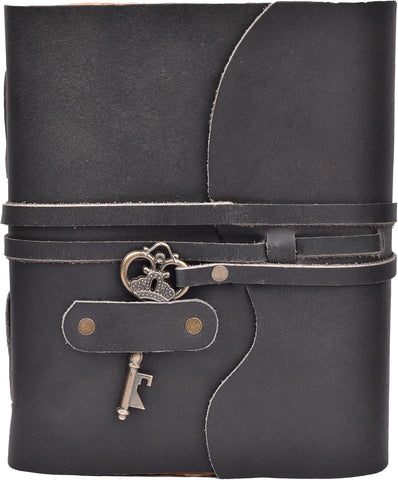 Starless Black Journal with Key Made with Buffalo Leather And Handmade Deckle Edge Vintage Paper