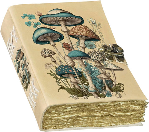 Mushroom Printed journal Made with Goat Leather And Handmade Deckle Edge Vintage Paper