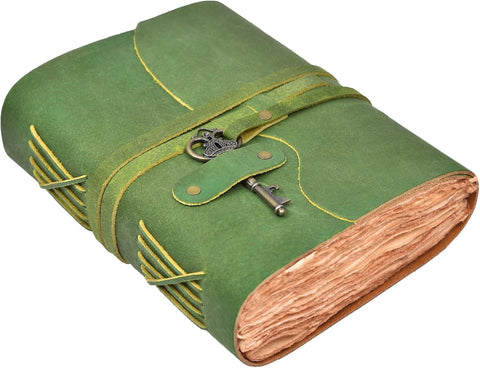 Mint Green Journal with Key Made with Buffalo Leather And Handmade Deckle Edge Vintage Paper