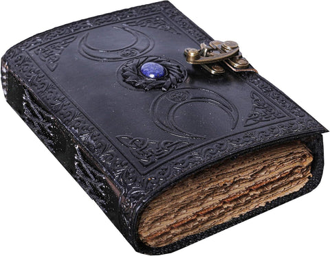 Triple Moon (Black) Journal with Stone's Made with Goat Leather And Handmade Deckle Edge Vintage Paper