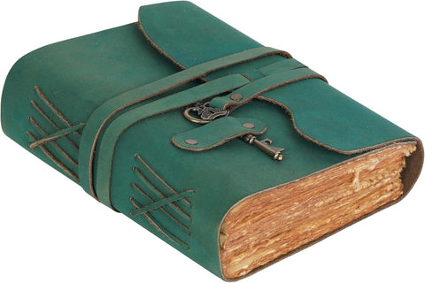 Turquoise Journal with Key Made with Buffalo Leather And Handmade Deckle Edge Vintage Paper