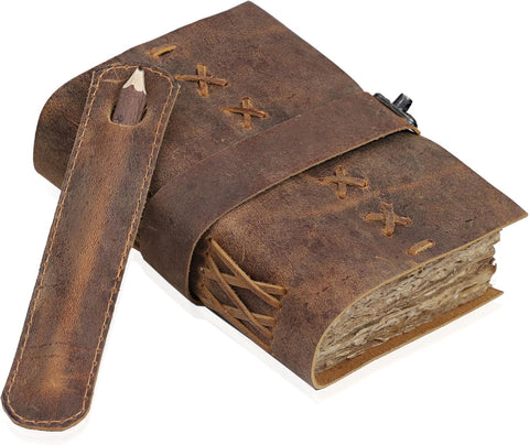 Cross Stitch with Pen Holder Vintage Journal Made with Buffalo Leather And Handmade Deckle Edge Vintage Paper