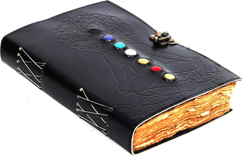 Sieben Chakra Leader (7Stone) Journal with Stone's Made with Goat Leather And Handmade Deckle Edge Vintage Paper