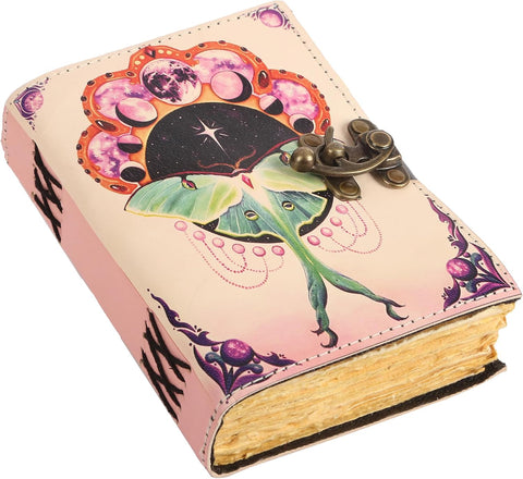 Pink Luna Moth Printed journal Made with Goat Leather And Handmade Deckle Edge Vintage Paper