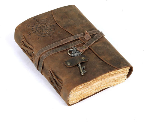 Compass  Journal with Key Made with Buffalo Leather And Handmade Deckle Edge Vintage Paper