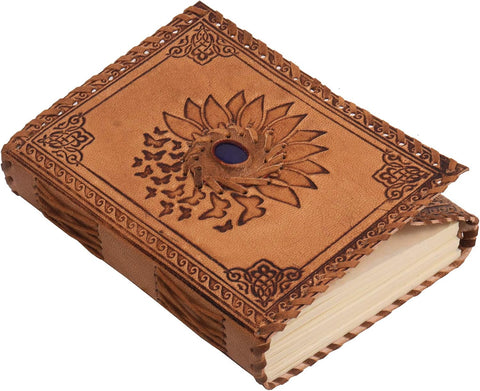 Sun Flower & Butterfly Journal with Stone's Made with Goat Leather And Handmade Deckle Edge Vintage Paper