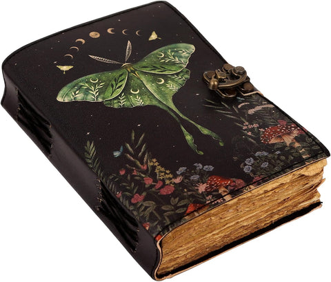 Luna Moth Printed journal Made with Goat Leather And Handmade Deckle Edge Vintage Paper