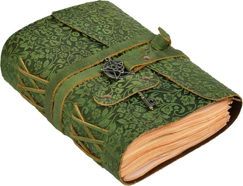 Green (Flower Embossed) Journal with Key Made with Buffalo Leather And Handmade Deckle Edge Vintage Paper