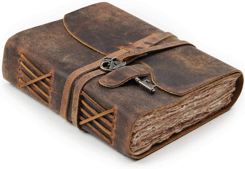 Distressed Brown Journal with Key Made with Buffalo Leather And Handmade Deckle Edge Vintage Paper