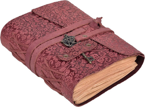 Fuchsia (Flower Embossed) Journal with Key Made with Buffalo Leather And Handmade Deckle Edge Vintage Paper