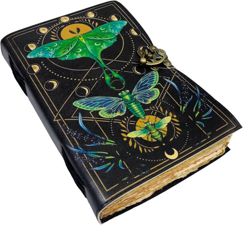 Moth and Morpho Butterfly Printed journal  Made with Goat Leather And Handmade Deckle Edge Vintage Paper