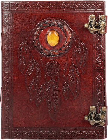 Dream Catcher Journal with Stone's Made with Goat Leather And Handmade Deckle Edge Vintage Paper