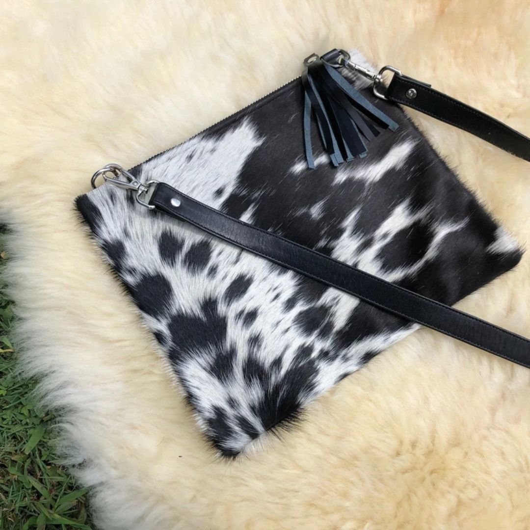 Real Cowhide Crossbody Purse Black Leather Western Bag