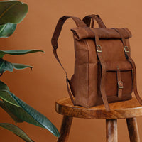 YUHIB 23" Brown Leather Backpack Vintage Rucksack